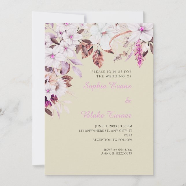 Boho White and Pink Floral Autumn Bamboo Wedding Invitation (Front)
