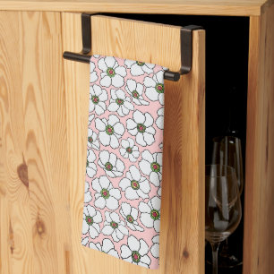Boho White And Pink Floral Print Tea Towel