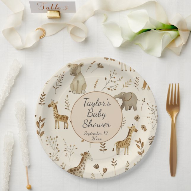 Boho White Beige Jungle Animals Baby Shower Paper Plate (Wedding)