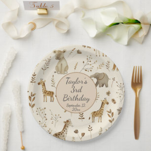Boho White Beige Jungle Animals Birthday Paper Plate