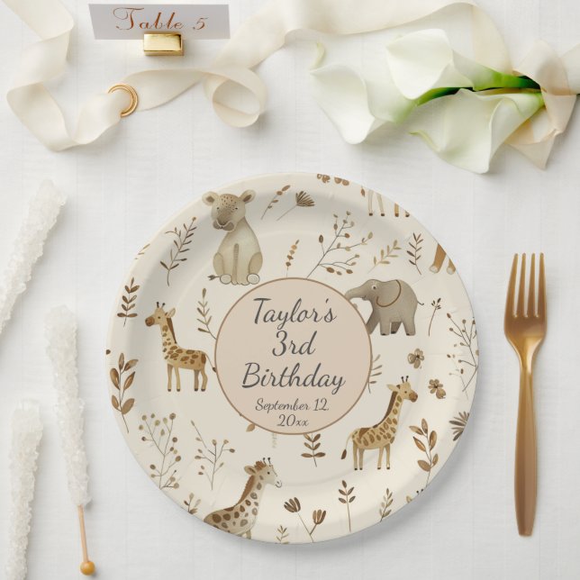 Boho White Beige Jungle Animals Birthday Paper Plate (Wedding)