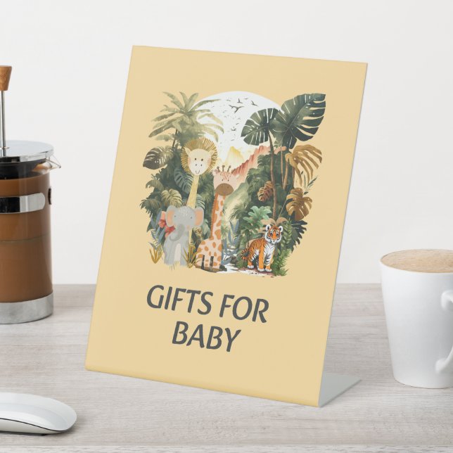 Boho White Beige Jungle Animals Gifts for Baby Pedestal Sign (In SItu)