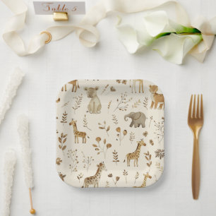 Boho White Beige Jungle Animals  Paper Plate