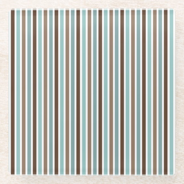 Boho White Blue Brown Geometric Stripes Glass Coaster (Front)