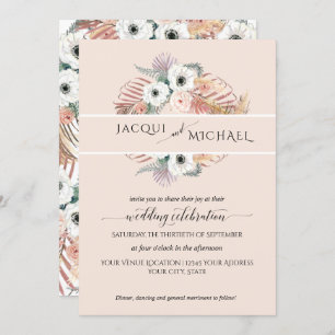 Boho White Blush Floral Palm Foliage Pampas Grass Invitation