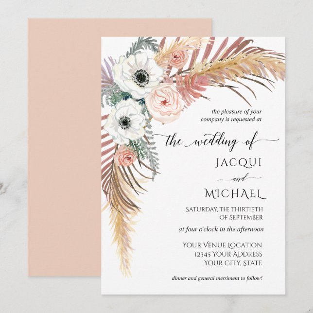 Boho White Blush Floral Pampas Grass Palm Foliage Invitation (Front/Back)