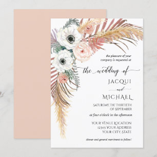 Boho White Blush Floral Pampas Grass Palm Foliage Invitation