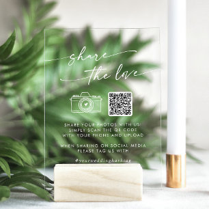 Boho White Clear Wedding Share the Love QR Code Acrylic Sign