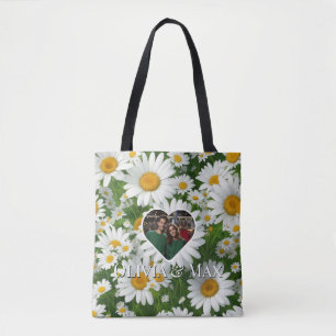 Boho white daisies floral photo template  tote bag