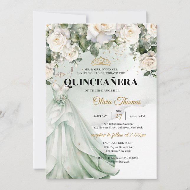 Boho White Dress & White Roses Greenery and Gold Invitation (Front)