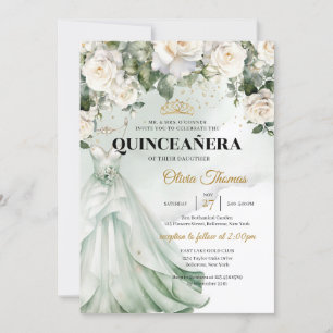 Boho White Dress & White Roses Greenery and Gold Invitation