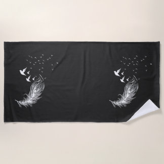 Boho White Feathers and Flying Birds Artistic Blac Beach Towel