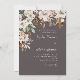 Boho White Floral Autumn Ash Grey Wedding Invitation