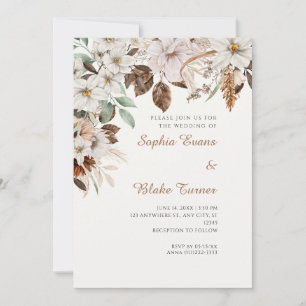 Boho White Floral Autumn Off White Wedding Invitation