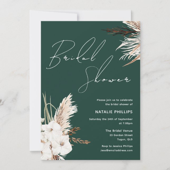 Boho White Floral Emerald Green Bridal Shower Invitation (Front)
