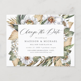 Boho White Floral & Greenery Change the Date Announcement Postcard