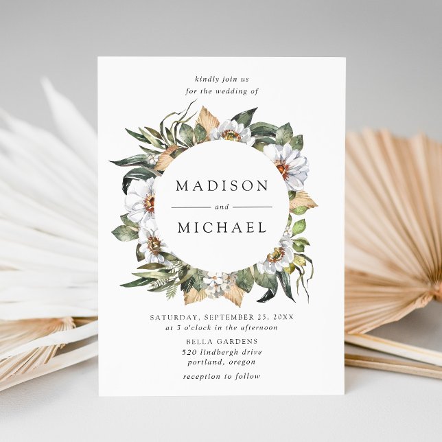 Boho White Floral Greenery Wreath Wedding Invitation (Creator Uploaded)