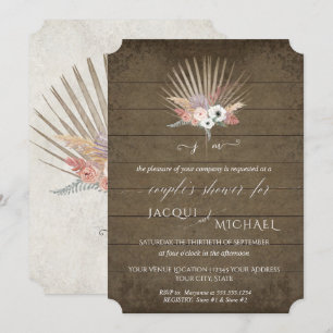 BOHO White Floral Palm Rustic Wood Couples Shower Invitation