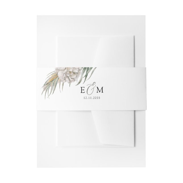 Boho White Floral & Palm Wedding Invitation Belly Band (Front Example)