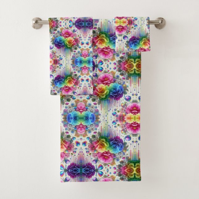 Boho White Floral Rainbow Bath Towel Set (Insitu)