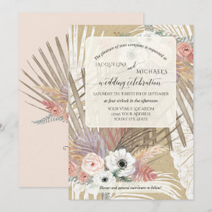 BOHO White Floral Rustic Pampas Grass Tropical Invitation