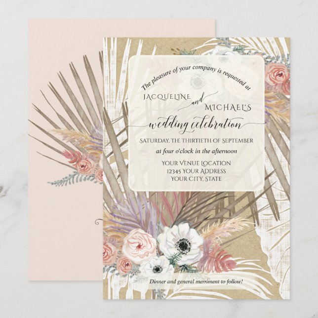 BOHO White Floral Rustic Pampas Grass Tropical Invitation (Front/Back)