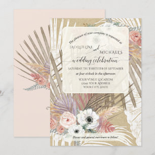 BOHO White Floral Rustic Pampas Grass Tropical Invitation