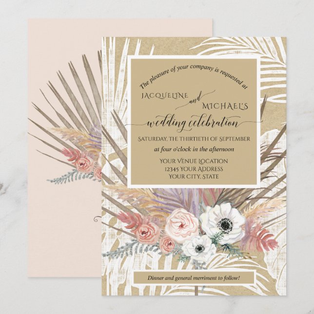 BOHO White Floral Rustic Pampas Grass Tropical Invitation (Front/Back)