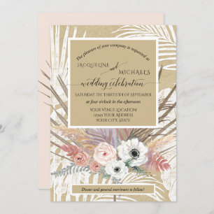 BOHO White Floral Rustic Pampas Grass Tropical Invitation