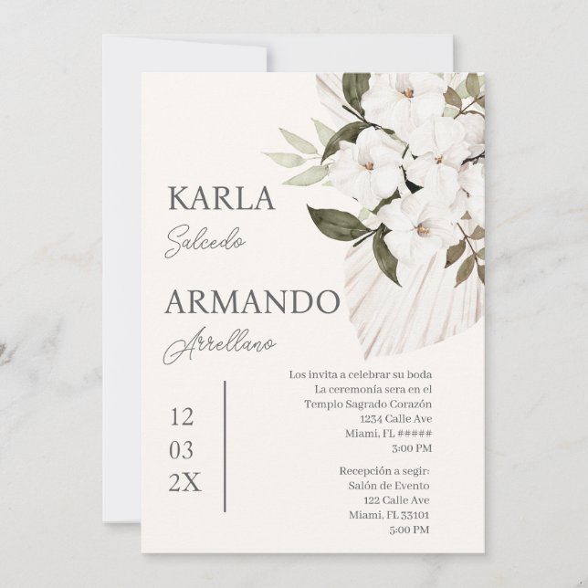 Boho white floral wedding invitation in Spanish (Front)