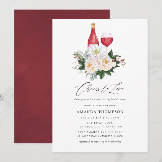 Boho White Floral Wine Tasting Bridal Shower Invitation (Front/Back)