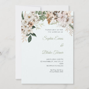 Boho White Floral Winter Light Blue Wedding Invitation