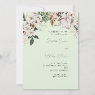 Boho White Floral Winter Light Green Wedding Invitation