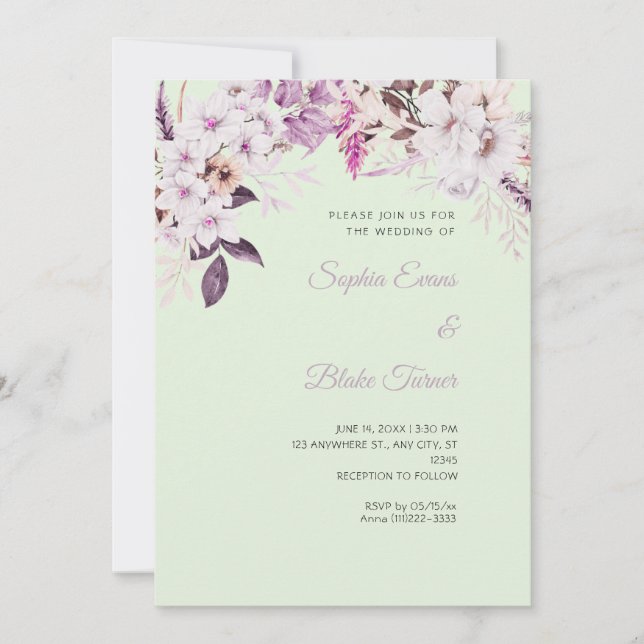 Boho White Floral Winter Light Green Wedding Invitation (Front)