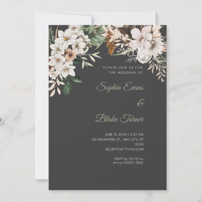 Boho White Floral Winter Shadow Grey Wedding Invitation (Front)