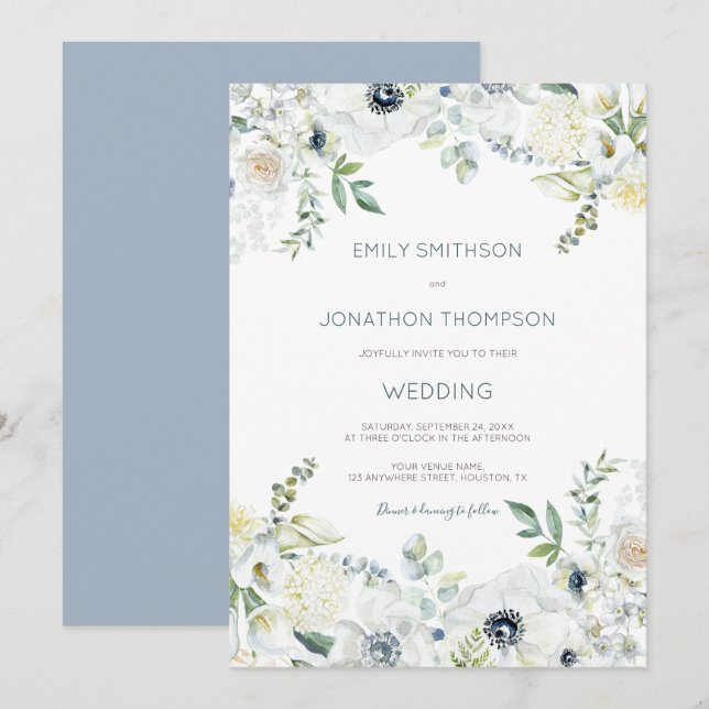 Boho White Florals Eucalyptus Leaves Wedding Invitation (Front/Back)