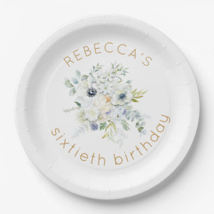 Boho White Florals Name 60th birthday Paper Plate