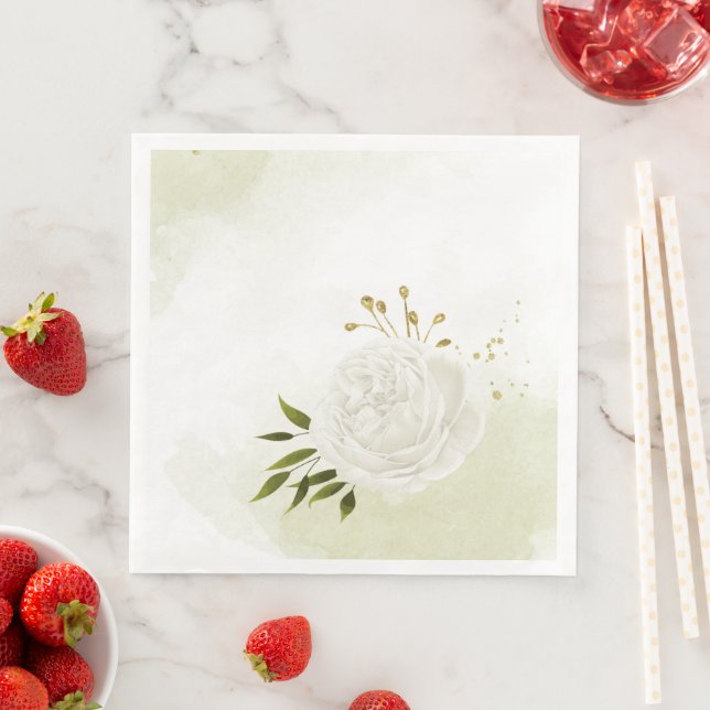 Boho white flowers green leaves botanical napkin (Insitu)