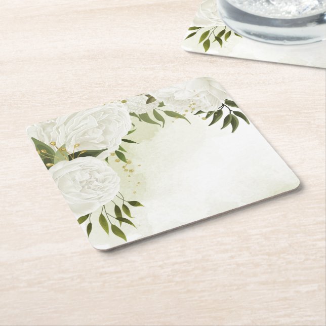 Boho white flowers green leaves botanical  square paper coaster (Angled)