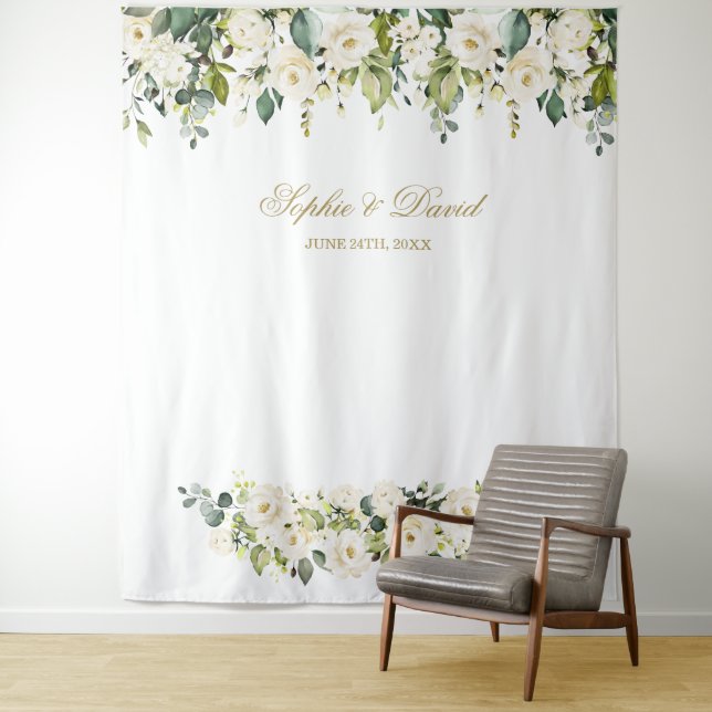 Boho White Flowers Wedding Photo Booth Backdrop Tapestry (In Situ)