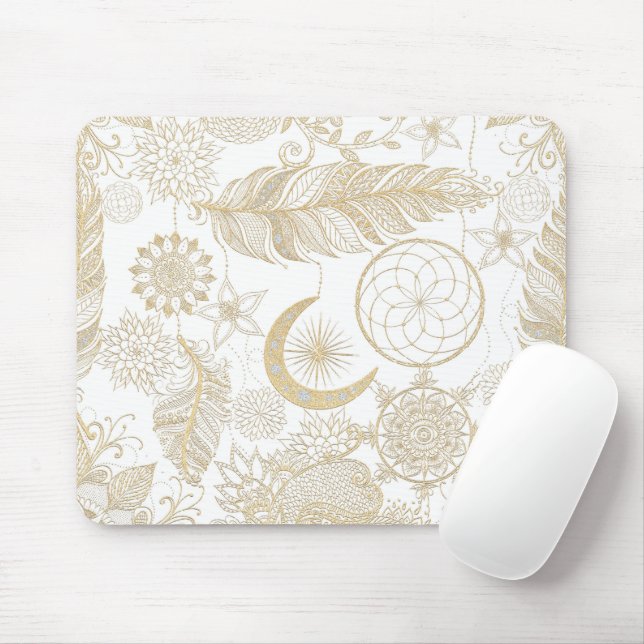 Boho White Gold Floral Feathers Dreamcatcher Mouse Mat (With Mouse)