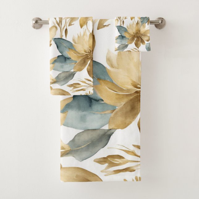 Boho White Gold Teal Flower  Bath Towel Set (Insitu)