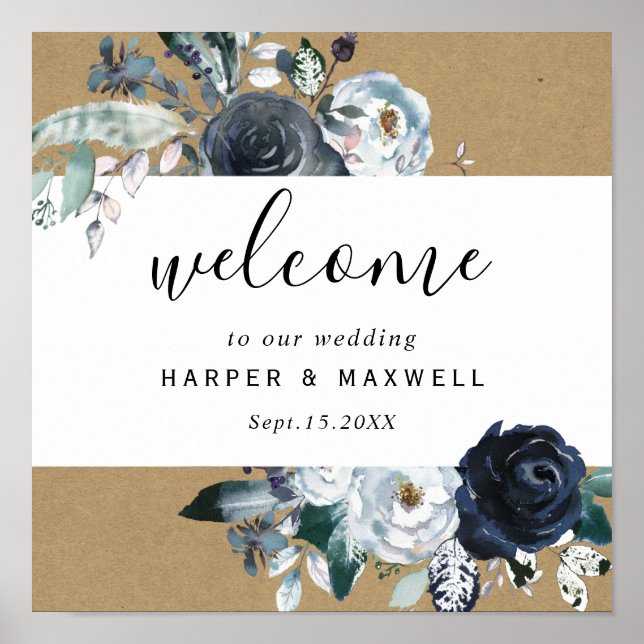 Boho White Navy Peony Brown Kraft Wedding Welcome Poster (Front)