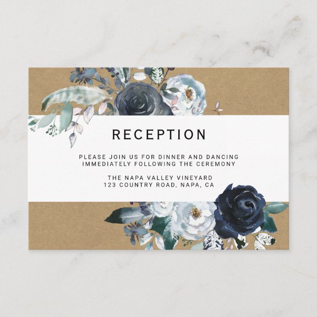 Boho White Navy Peony Kraft Wedding Reception Enclosure Card (Front)