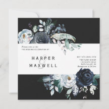 Boho White Navy Peony Kraft Wedding Square Black
