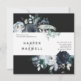 Boho White Navy Peony Kraft Wedding Square Black Invitation