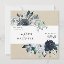 Boho White Navy Peony Kraft Wedding Square