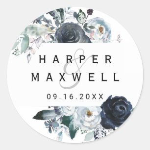 Boho White Navy Peony Watercolor Wedding Classic Round Sticker