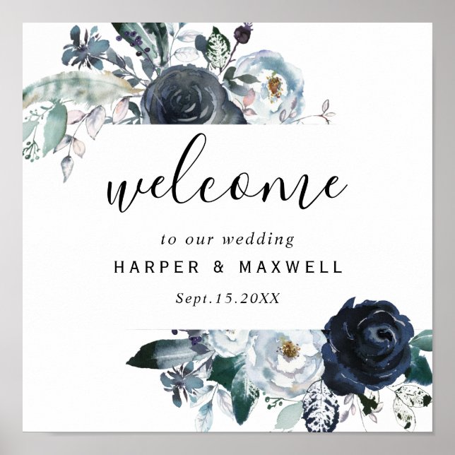 Boho White Navy Peony Watercolor Wedding Welcome  Poster (Front)