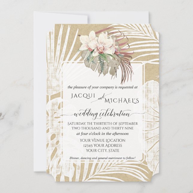 BOHO White Orchid Floral Tropical Foliage Kraft Invitation (Front)